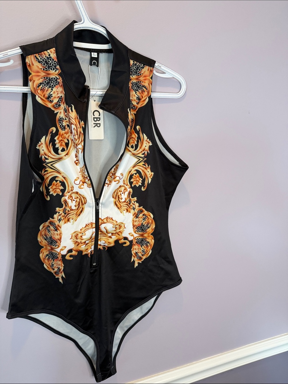 CBR Black Bodysuit with Ornate Gold Baroque Print